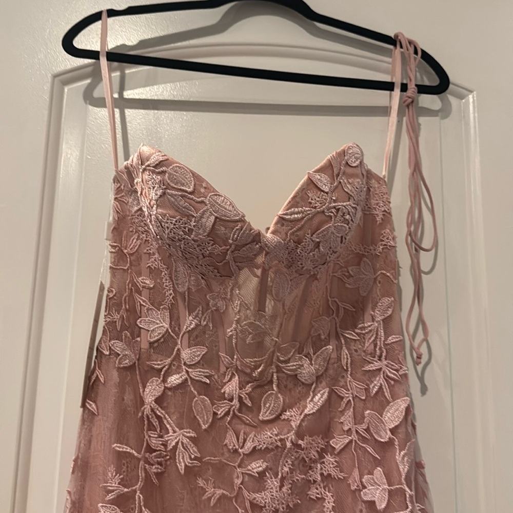 Formal lace overlay light pink prom dress